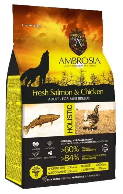 Ambrosia Mini Adult Fresh Salmon & Chicken Ultra Premium - холистична, хипоалергенна, беззърнена храна за кучета от малки породи със сьомга и пилешко месо
