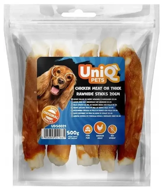 Uniq Pets Dog Snacks - лакомство за кучета дебели пръчки от говежда кожа обвити с пилешко месо с дължина 20 см. 5 броя