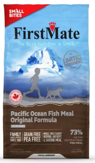 First Mate Pacific Ocean Fish Meal Original Formula Small Bites – беззърнена храна за кучета от дребни породи с месо от диво уловени тихоокеански риби (херинга, аншоа и сардини)