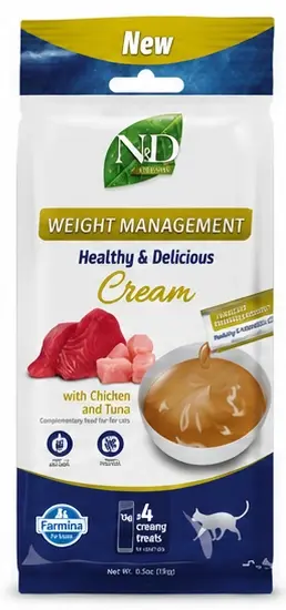 N&D Quinoa Weight Management Healthy & Delicious Cream with Chicken & Tuna - кремообразни функционални лакомства с киноа, пилешко месо и риба тон, за контрол на теглото 4 броя по 15 грама