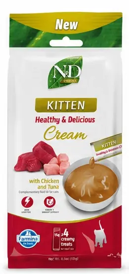 N&D Prime Kitten Healthy & Delicious Cream Chicken & Tuna - кремообразни лакомства за подрастващи котенца до 1 година, за бременни или кърмещи котки с пилешко меси и риба тон 4 броя по 15 грама