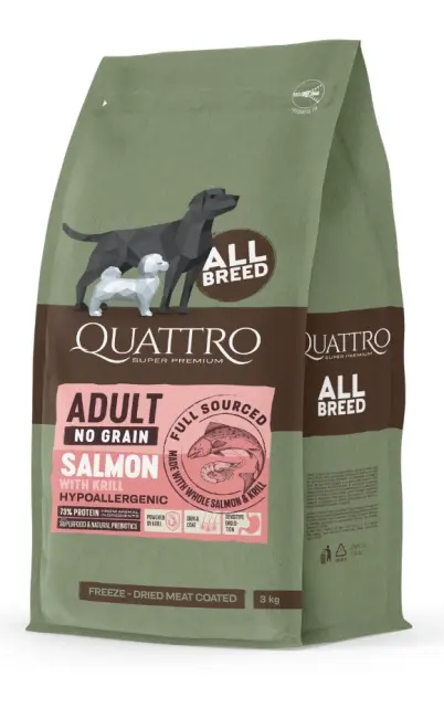 Quattro No Grain with Salmon & Krill All Breed - хипоалергенна монопротеинова храна със сьомга и антарктически крил за кучета от всички породи