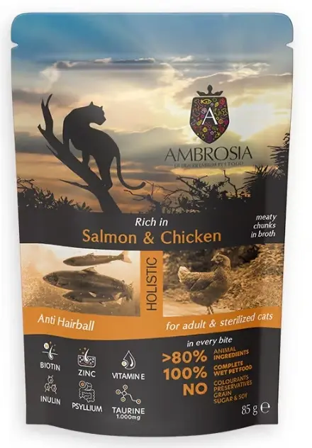 Ambrosia Pouch Cat Adult & Sterilized Salmon & Chicken Anti Hair Ball – пълноценна беззърнена храна за пораснали и кастрирани котки със сьомга, пилешко месо и формула против космени топки