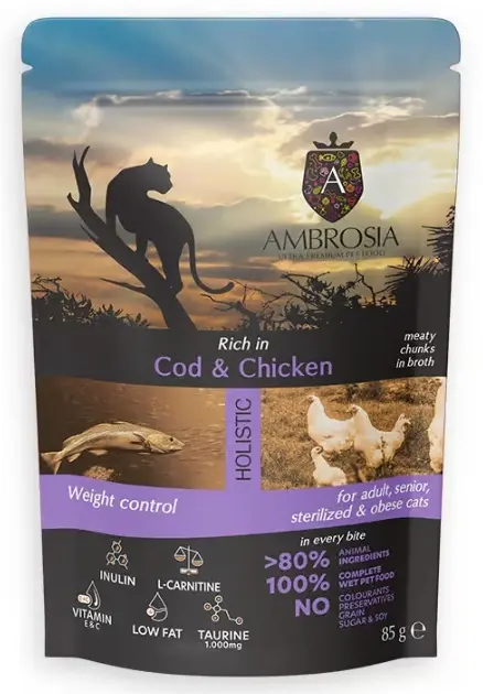 Ambrosia Pouch Cat Adult & Sterilized Cod & Chicken Weight Control – пълноценна беззърнена храна за пораснали и кастрирани котки с треска и пилешко месо