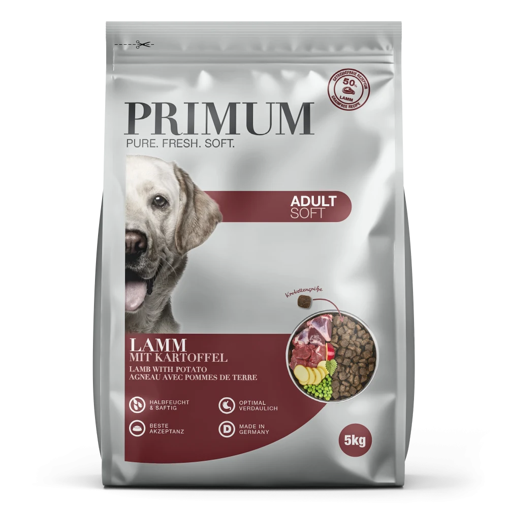 PRIMUM Soft MONOPROTEIN – мека, полувлажна гранулирана храна за израснали кучета, без зърно, с агнешко месо и картофи, 5 кг