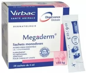 Virbac Megaderm Мегадерм- хранителна добавка за здрава кожа и козина за котки и кучета с тегло до 10кг. - 28 дози